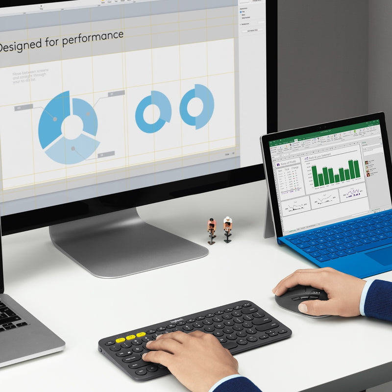 M720 mouse being used in professional workspace with multiple displays