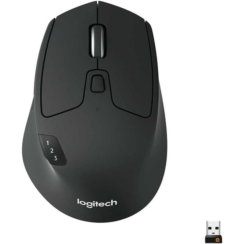 Top view of Logitech M720 Triathlon wireless mouse showing numbered device switching buttons