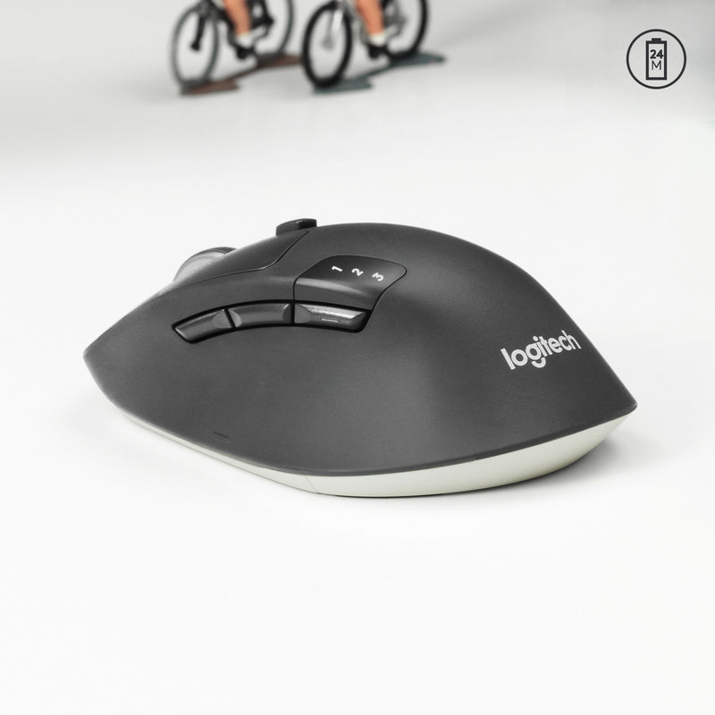 Side profile of M720 mouse with cyclist figures in background