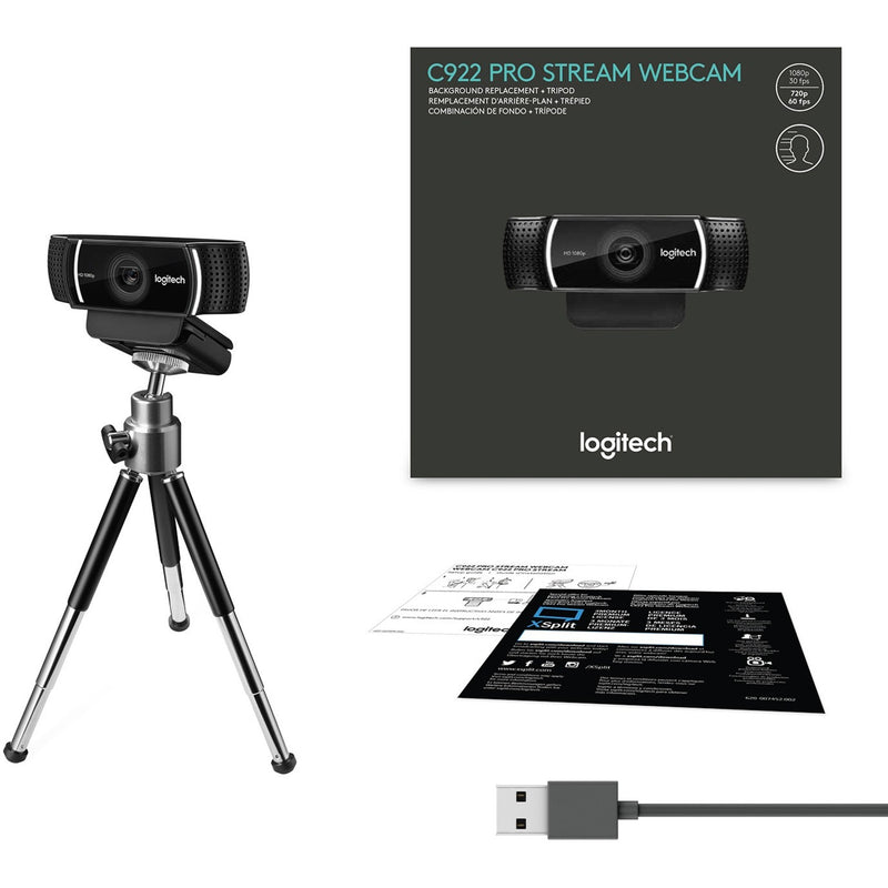 Complete package contents of Logitech C922 Pro Webcam including accessories