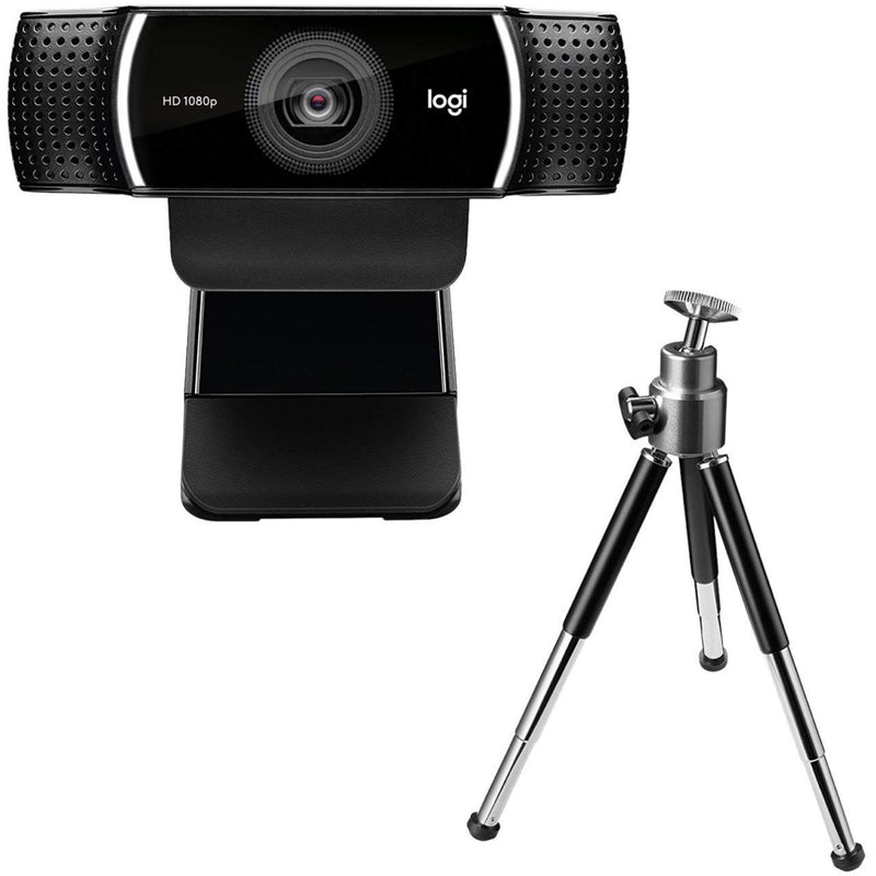 Logitech C922 Pro Stream Webcam with included tripod mount showing front view and mounting options