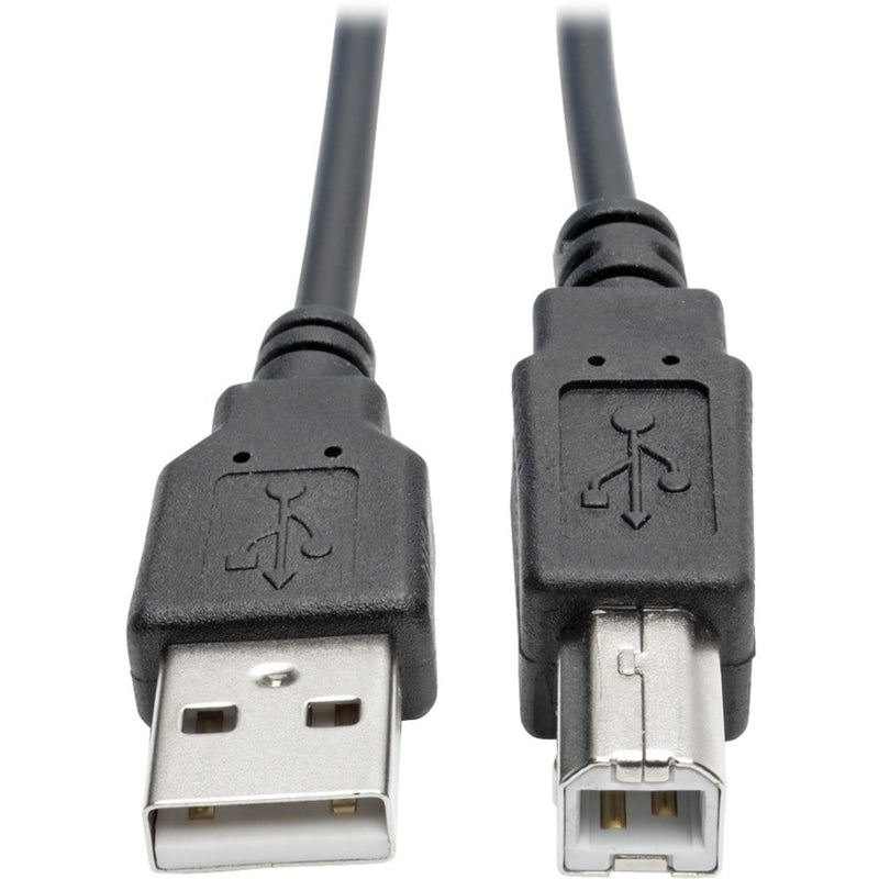 Close-up view of USB Type-A and Type-B connectors showing nickel plating and construction details