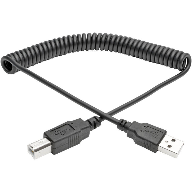 Black coiled USB 2.0 cable with Type-A and Type-B connectors showing flexible spiral design