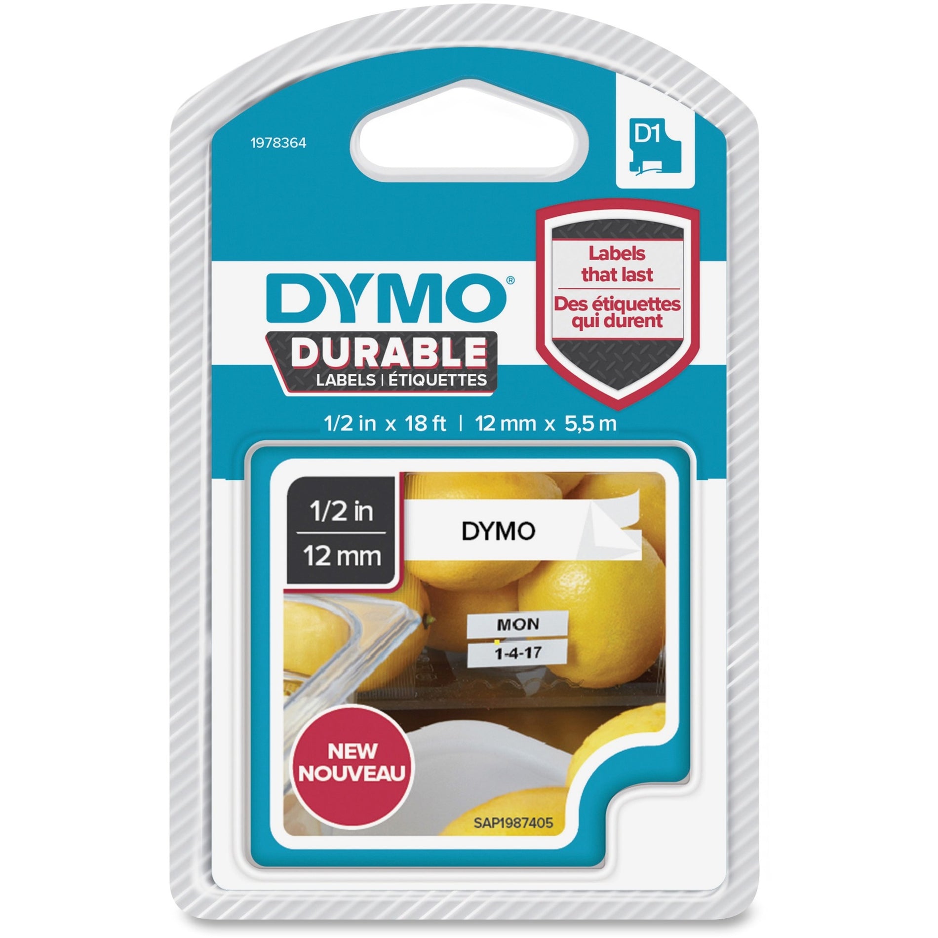 Dymo 1978364 D1 耐用标签，耐候，耐刮擦，不褪色，1/2英寸 白色 迪摩