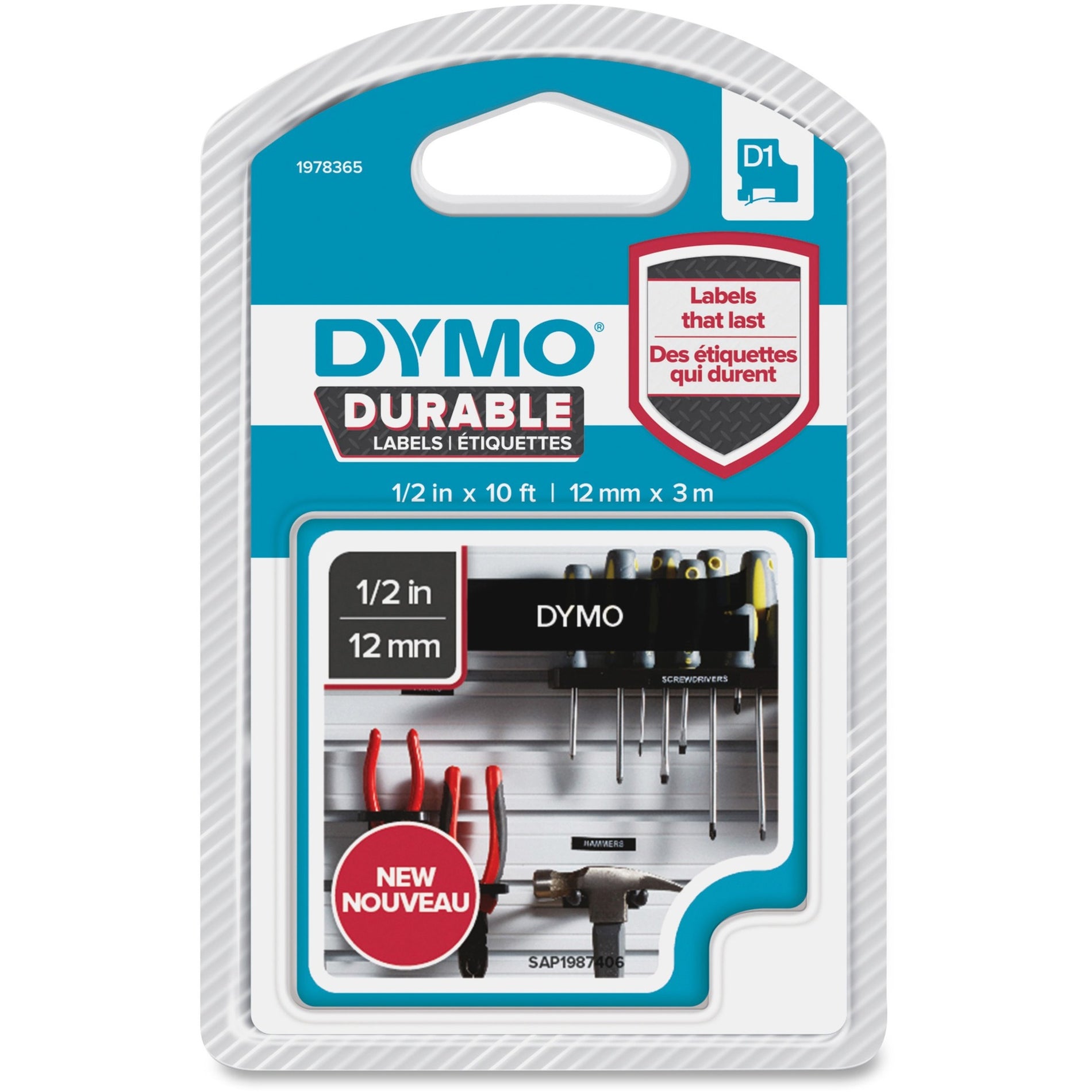 Dymo 1978365 D1 Durable Labels, Weather Resistant, Scratch Resistant, Fade Resistant, 1/2" Black