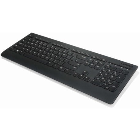 Angled view of Lenovo Professional Wireless Keyboard highlighting build quality and key layout