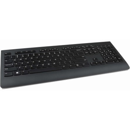 Side angle view of Lenovo Professional Wireless Keyboard showing ergonomic profile and palm rest