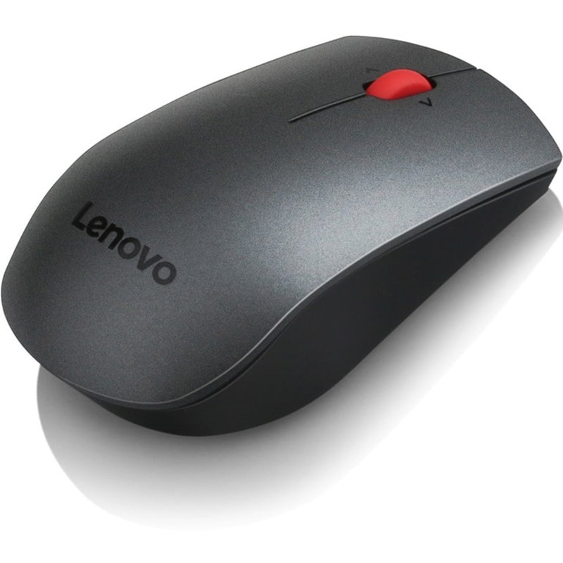 Top view of Lenovo Professional Wireless Laser Mouse in metallic gray with red scroll wheel