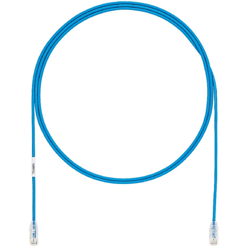 Blue Cat.6a F/UTP network patch cable with clear-booted RJ-45 connectors, coiled view showing 30-foot length