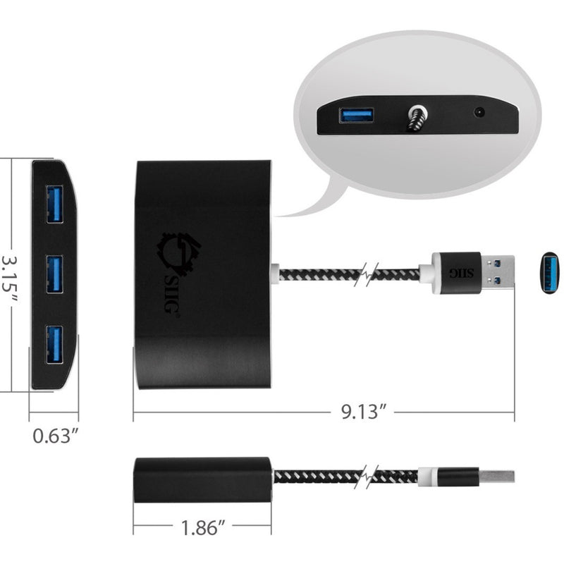 Technical diagram showing dimensions of SIIG USB hub