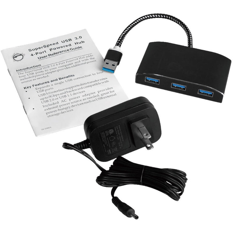 SIIG USB hub package contents including hub, power adapter, and user guide