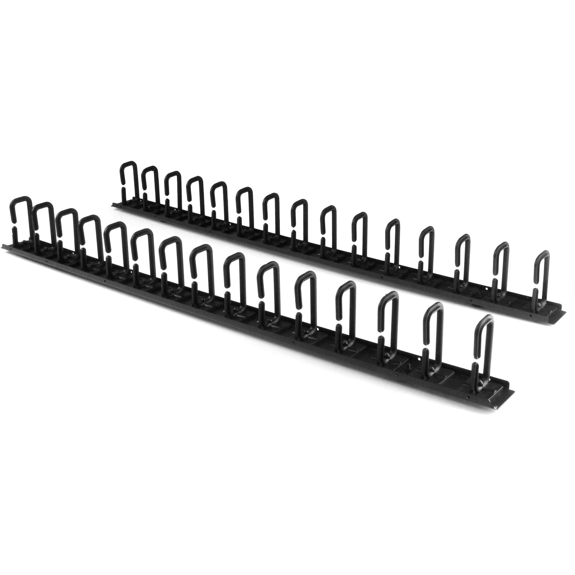 Black steel vertical cable organizer with multiple D-ring hooks arranged in parallel-alternate-image1