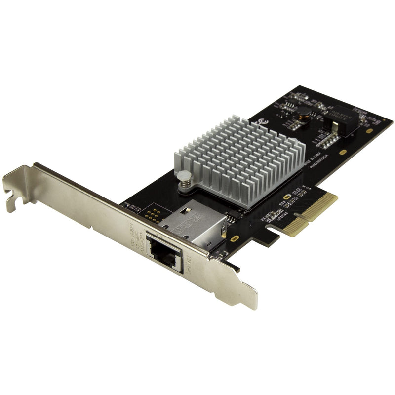 StarTech.com 10G network card showing PCIe interface, heatsink, and RJ-45 port in angled view