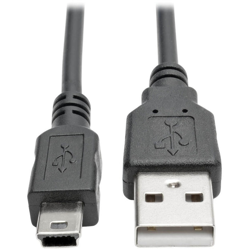 Close-up view of USB-A and Mini-B connectors showing quality construction and strain relief