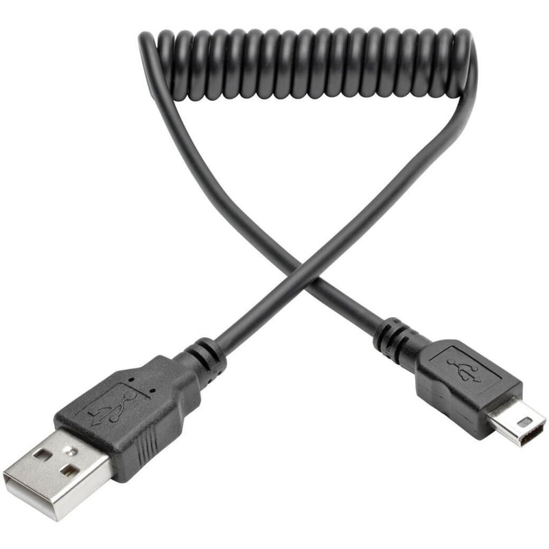 Black coiled USB cable with USB-A and Mini-B connectors showing spiral design