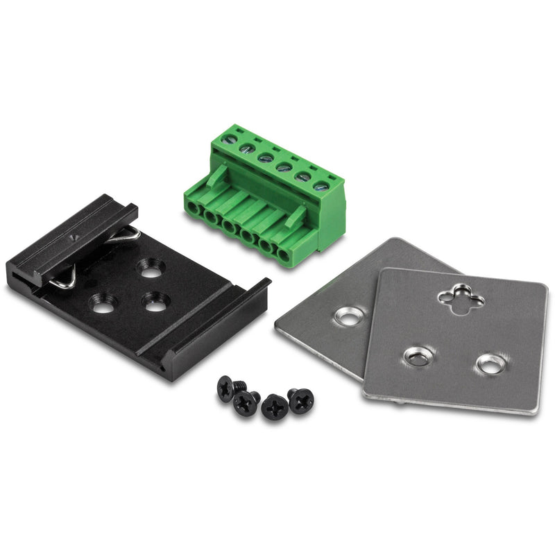 Mounting hardware components including DIN-rail mount, wall mount plates, and terminal block