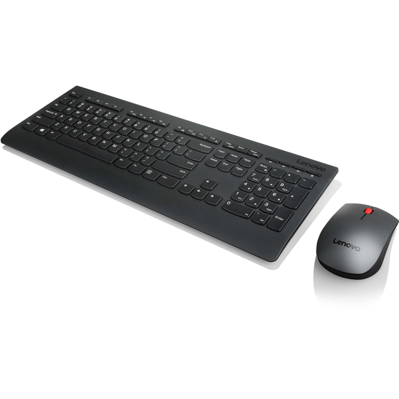 Side profile view of Lenovo wireless keyboard and mouse showing slim design and ergonomic angles