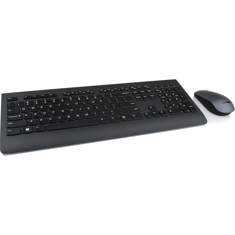 Angled perspective of Lenovo wireless keyboard and mouse highlighting workspace efficiency