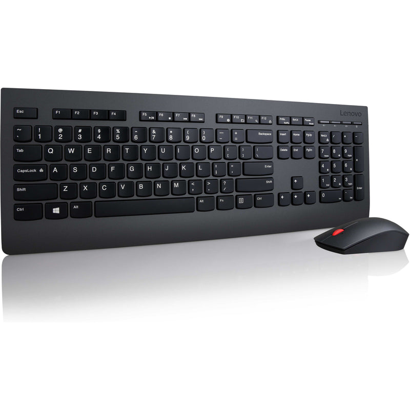 Angled view of Lenovo wireless keyboard and mouse showing ergonomic design and key layout