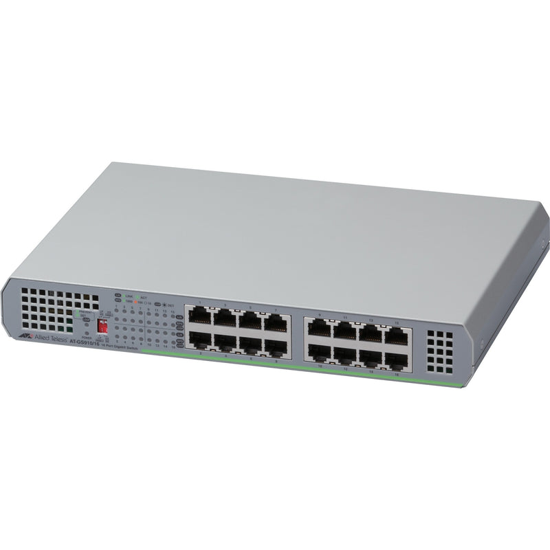 Allied Telesis AT-GS910/16 16-port Gigabit Ethernet switch with silver housing and dual 8-port configurations, featuring LED indicators and ventilation grills