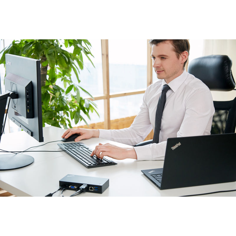 Lenovo Essential Keyboard and Mouse integrated into a modern office workstation setup