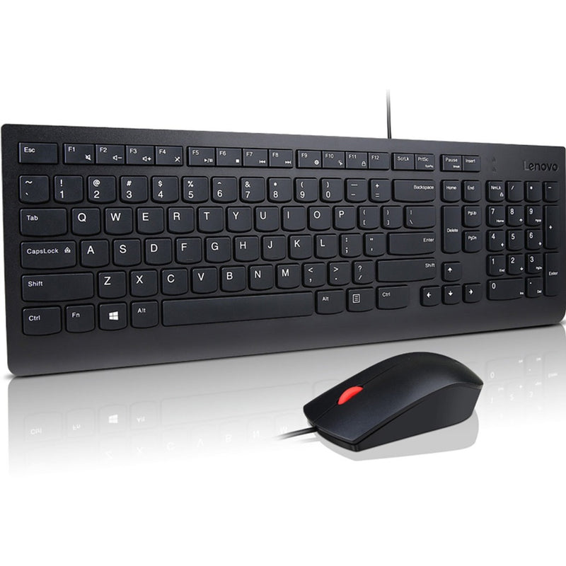 Lenovo Essential Wired Keyboard and Mouse Combo showing full keyboard layout with numeric keypad and optical mouse with red accent