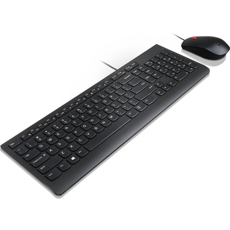 Angled view of Lenovo Essential Keyboard and Mouse showing ergonomic tilt and design features