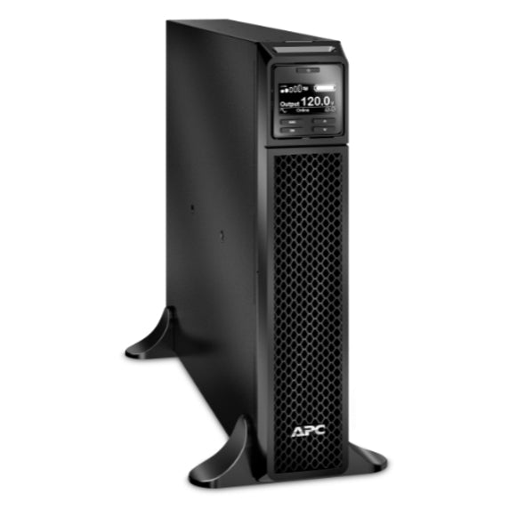 Angled view of APC Smart-UPS SRT 2200VA showing stabilizing base and front panel