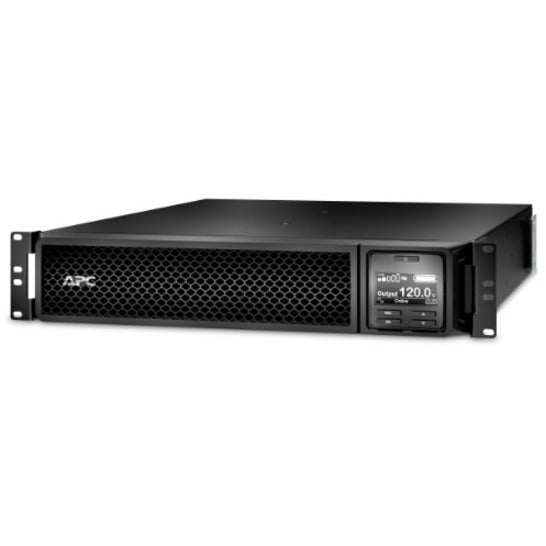 Front angled view of APC Smart-UPS SRT 3000VA rack-mount UPS showing LCD display and mesh ventilation panel