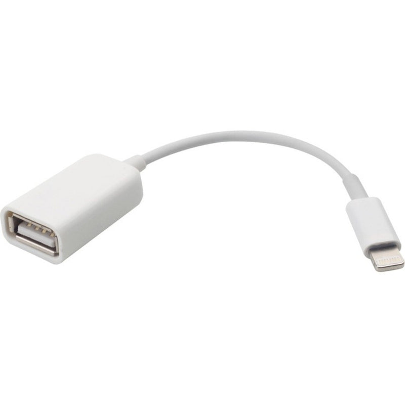 White Lightning to USB Female adapter cable showing Lightning male connector and USB-A female port