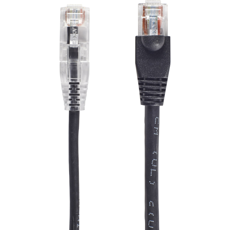 Detailed comparison of transparent and black-booted RJ-45 connectors on Black Box Slim-Net Cat6a cable