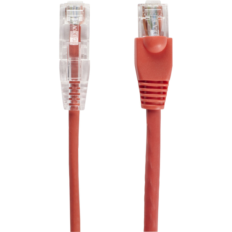 Side-by-side comparison of transparent and red-booted RJ-45 connectors on Cat6a network cable