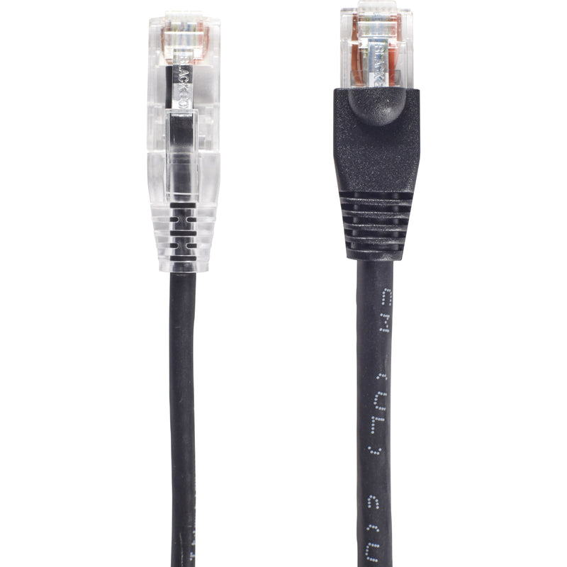 Comparison of Black Box Cat.6 cable's clear and black snagless boot options with RJ-45 connectors