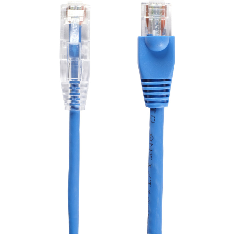 Detailed comparison of both ends of the Black Box Slim-Net Cat.6 cable showing different connector boot designs