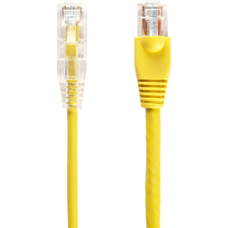 Detailed comparison of transparent and yellow-booted RJ-45 connectors on Cat.6 slim network cable