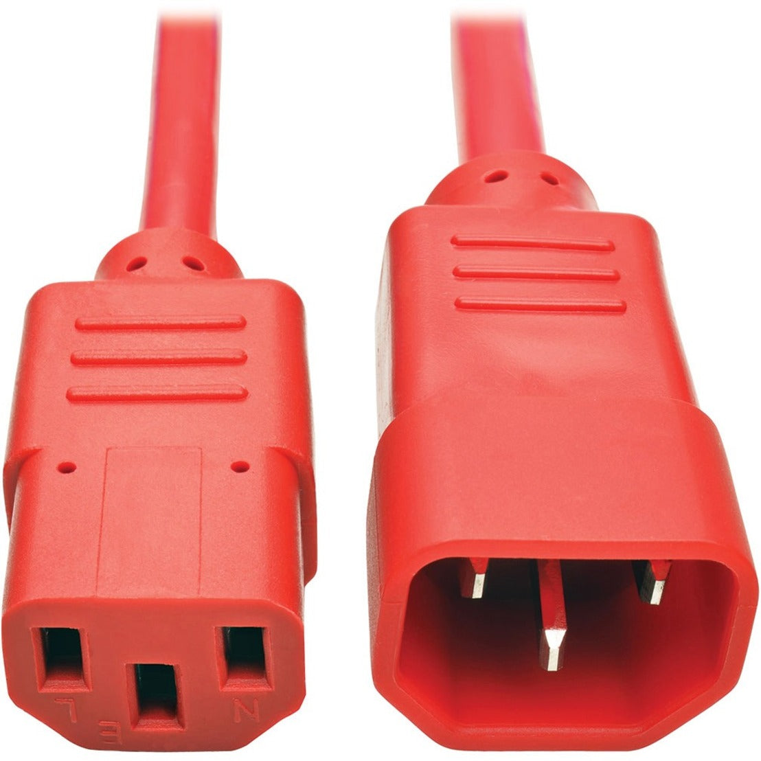 Close-up view of red C13 and C14 power connectors showing molded construction and pin configuration-alternate-image1