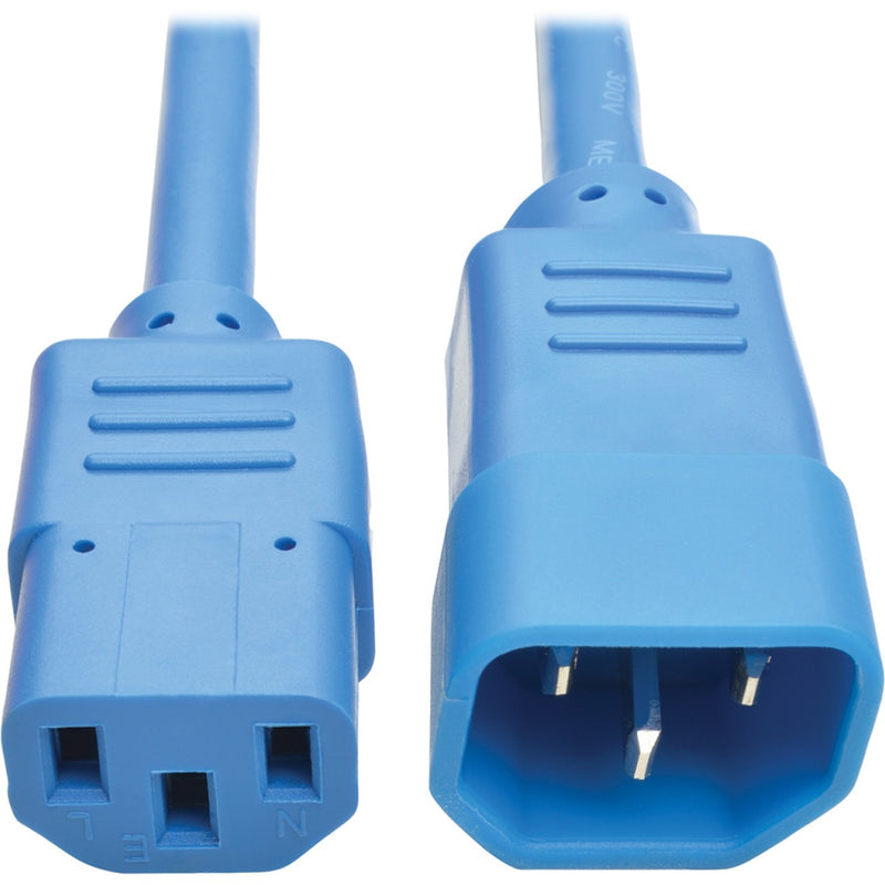 Close-up view of blue IEC C13 and C14 connectors on Tripp Lite power extension cord