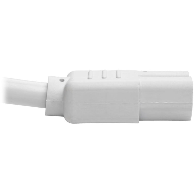 Side view of white power cord connector showing strain relief design