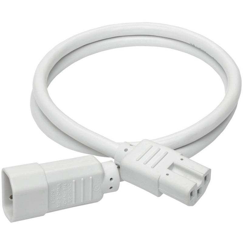 Full length view of white Tripp Lite P018-003-AWH power cord showing flexible cable design