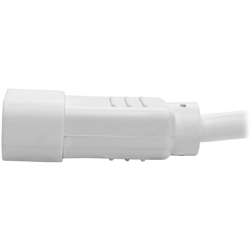 Detailed angle view of white power cord connector construction