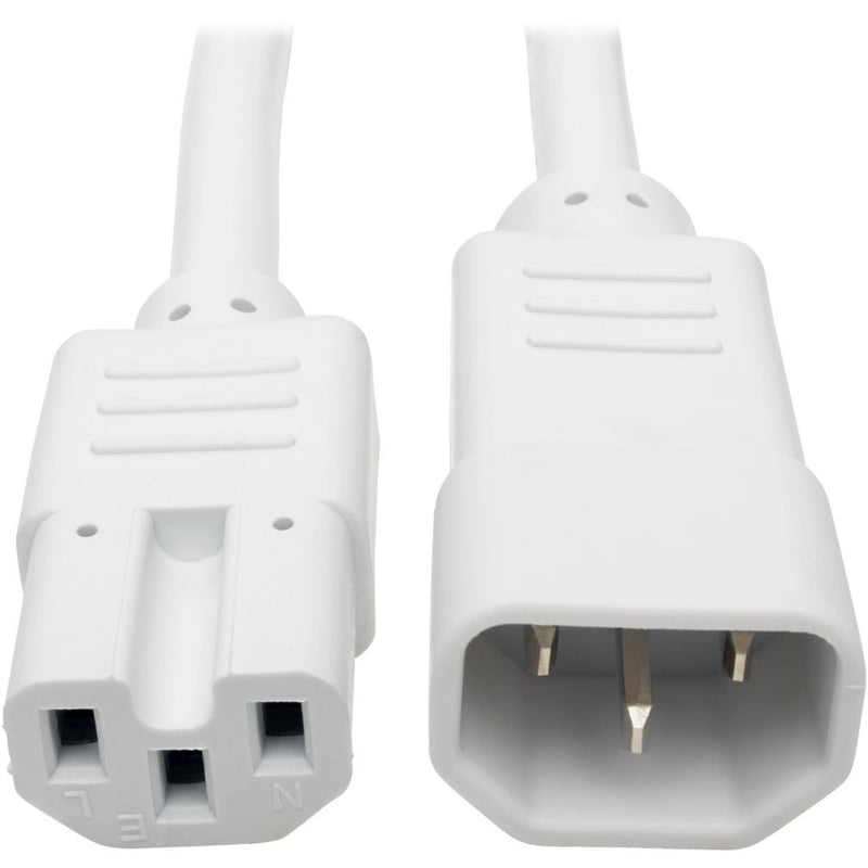 Close-up view of white C14 and C15 power connectors on Tripp Lite P018-003-AWH power cord