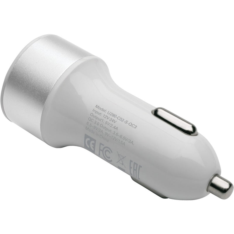 Side view of Tripp Lite car charger showing certification marks and specifications