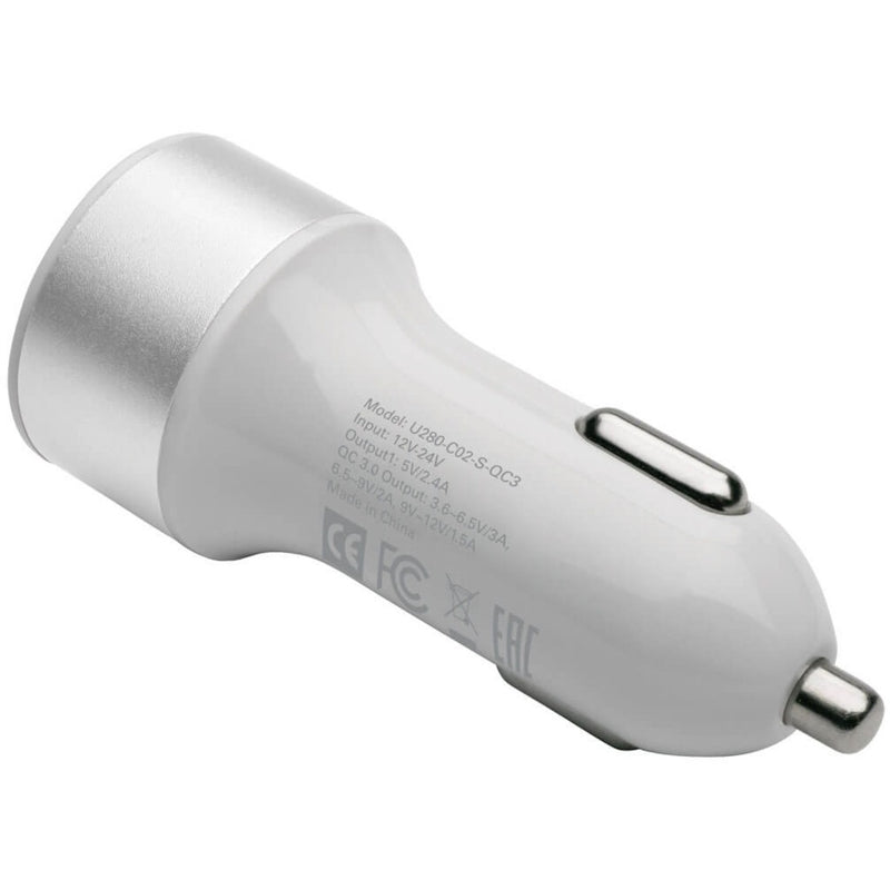 Angular view of Tripp Lite car charger showing compact design and specifications