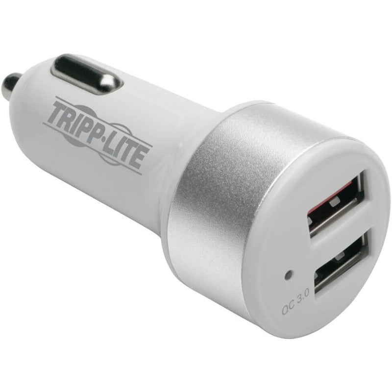 White and silver Tripp Lite dual USB car charger with Quick Charge 3.0 technology