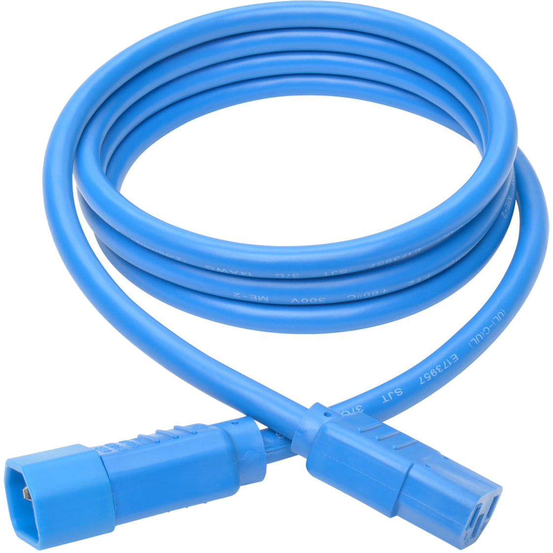 Full length view of coiled blue power extension cord showing flexible jacket and connectors-alternate-image2