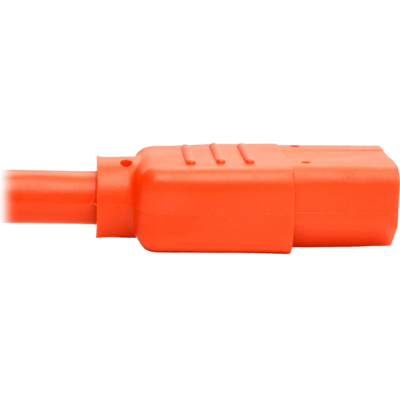 Side view of orange power cord connector showing ergonomic design features