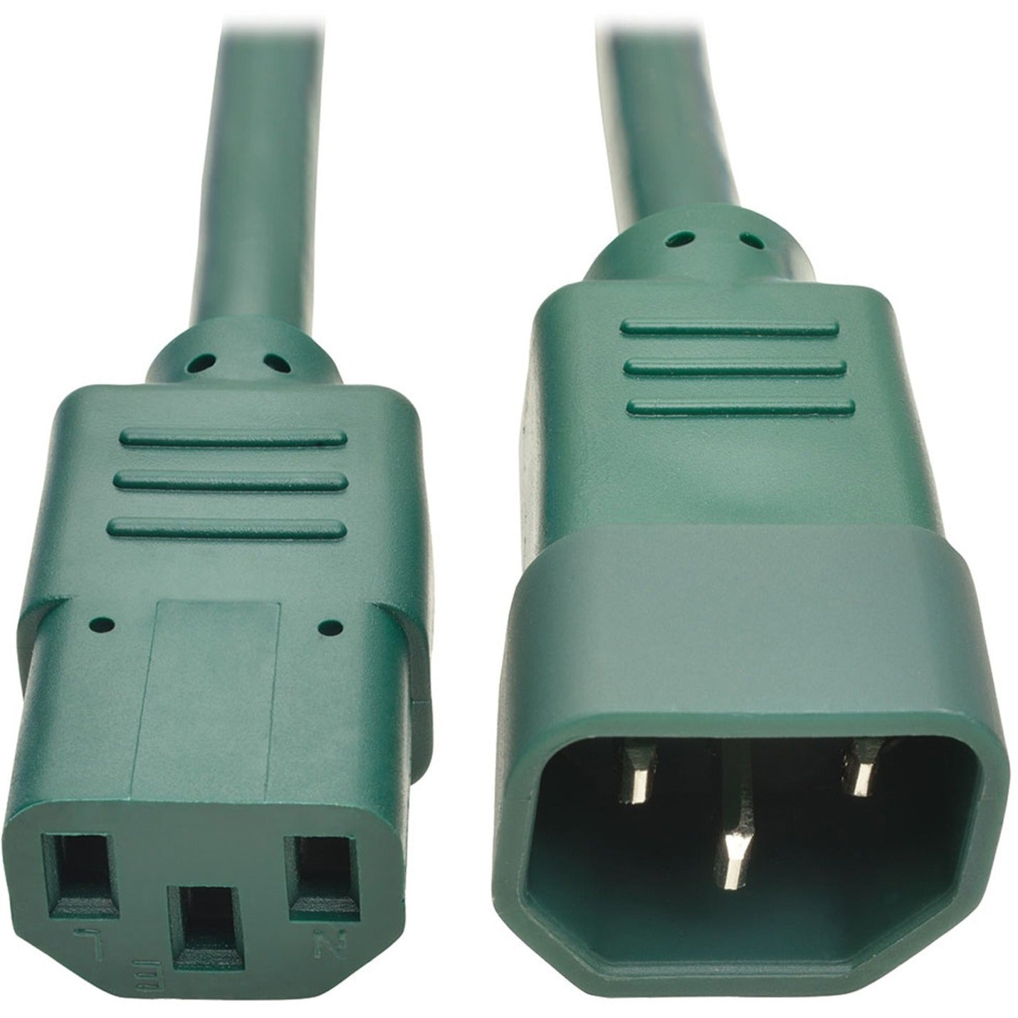 Close-up view of green C13 and C14 connectors on Tripp Lite power extension cord-alternate-image1