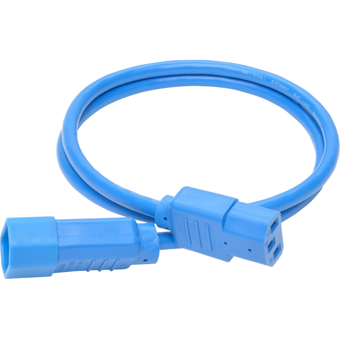 Full length view of blue power extension cord showing flexible cable and both connectors-alternate-image2