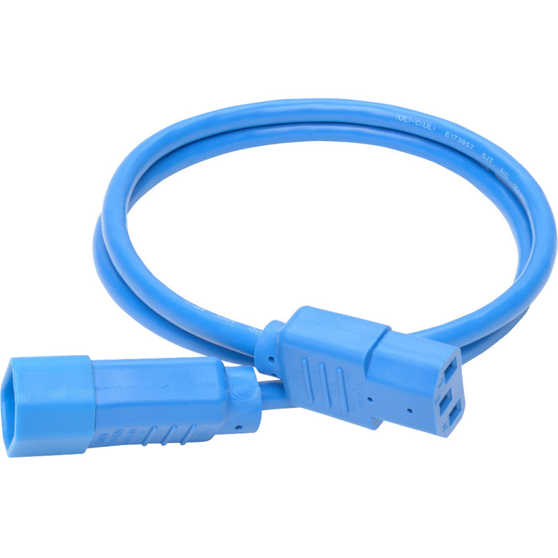 Full length view of blue power extension cord showing flexible cable and both connectors