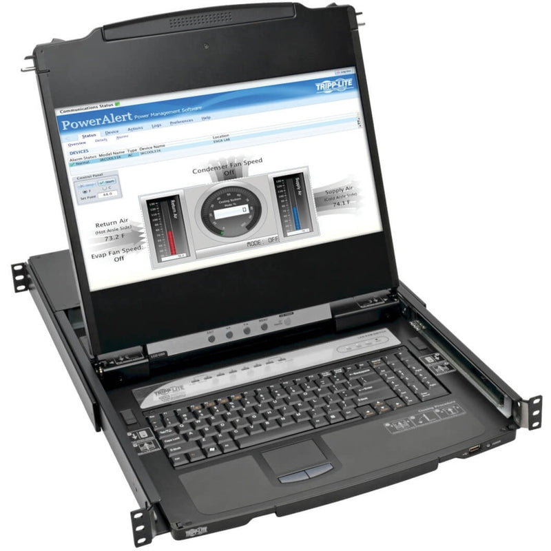 Tripp Lite KVM console showing PowerAlert management interface on 17-inch LCD display with keyboard